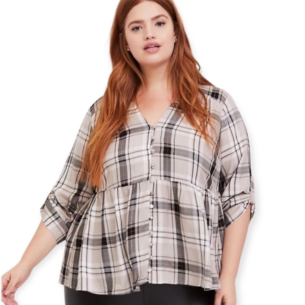 NEW V Neck Tartan Plaid Button Down Long Sleeve Twill Shirt by Torrid